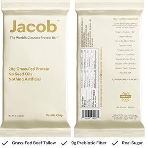 Jacob Bar Protein Bars Vanilla (9 Bars Total) - 20g Grass-Fed Protein No Seed Oils Nothing Artificial
