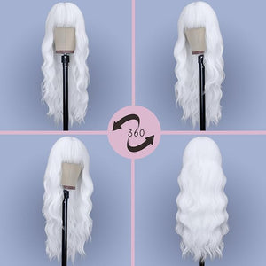 NAYOO White Wigs with Bangs - Long Curly Wavy Synthetic Fiber Wigs - Heat Resistant - 26 Inches