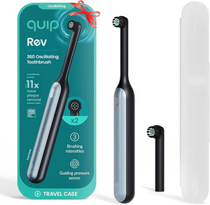 Quip 360 Oscillating Rechargeable Electric Toothbrush with Extra Brush Head - Soft Bristles Pressure Sensor 3 Intensities 30-Day Battery Life 2-Min Timer Travel Case Mirror Mount - Blue Stone