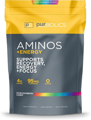 Purbolics Aminos + Energy | Supports Recovery, Energy &amp; Focus | 95mg of Caffeine, 0 Sugar &amp; 60 Servings (Sour Rainbow Candy)