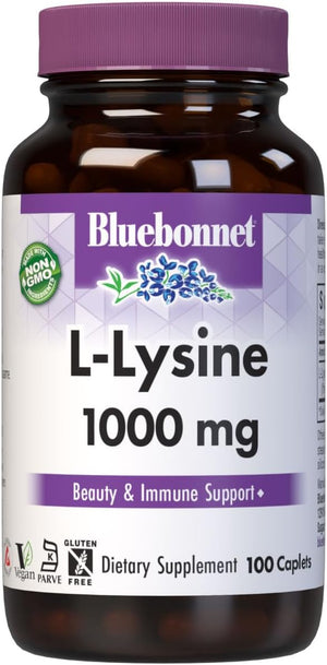 BlueBonnet L-Lysine 1000mg Essential Amino Acids Supplement - Immune &amp Collagen Support Supplements for Women &amp Men - Non-GMO Vegan &amp Gluten-Free - 1000 mg L Lysine Per Serving - 100 Capl
