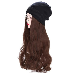 Women Winter Beanie Hat wig Knit with Long Straight/wig Wavy Curly Hair Wig Attached 23.6 Inch Synthetic Hairpiece