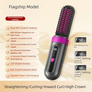 Portable Hair Straightener Brush with LCD Display 3 Temperature Settings Negative Ion Technology 60-Min Battery Life Type-C Fast Charging