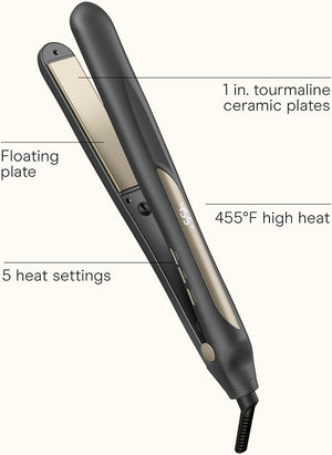 Infiniti PRO CONAIR Tourmaline Ceramic 1 Inch Flat Iron Hair Straightener, 1-Inch Flat Iron to Straighten or Curl, 5 Heat Settings, for All Hair Types and Textures, Dark Grey