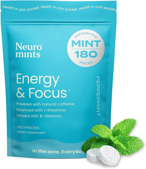 NeuroGum Energy Caffeine Mints (180 Pieces) - Sugar Free with L-theanine + Natural Caffeine + Vitamin B12 &amp B6 - Nootropic Energy &amp Focus Supplement for Women &amp Men - Keto &amp Vegan Pep