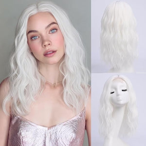 Medium Length Light White Wavy Wigs for Women 18 Inch Middle Part Wavy White Wig Natural Looking Synthetic Heat Resistant Fiber Wig for Daily Party Use (18 inch)