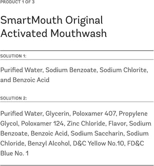 SmartMouth Package with Original Activated Mouthwash - 16 Fl Oz Dry Mouth Oral Rinse - Dual-Action Mints 50 Count - Premium Zinc Ion Toothpaste