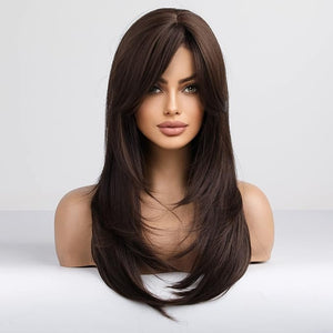 HAIRCUBE Long Layered Synthetic Hair Wigs for Women with Bang(Dark Brown)