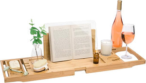 Waterproof Shield Keeps Your Book Open ? Extendable Bamboo Bathtub Tray with Wine Glass Holder Protects from Drips and Splashes - Luxury Bath Tub Caddy Tray for Relaxing in The Bathtub