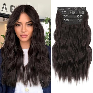 ALXNAN Clip in Long Wavy Synthetic Hair Extension 16 Inch Dark Brown 4PCS Thick Hairpieces Fiber Double Weft Hair for Women