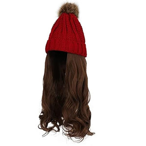 Women's Winter Beanie Hat with Wig Big Wavy Curly Hair Knit Attached Ski Snow Cap