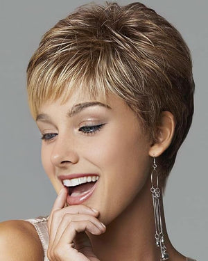 Short Pixie Wigs for White Women Natural Layered Short Brown Wigs with Blonde Highlights Synthetic Short Hair Womens Wig