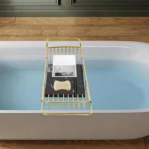 Bathtub Tray for Tub, Metal Expandable Extra Wide Bath Caddy Tray for Bathtub with Natural Marble Groove for Bath Spa (Gold Frame Black Marble Base)