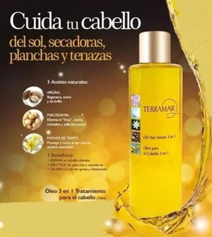Terramar 3 in 1 Hair Oil (98ml / 3.31 fl Oz) - with Argan Macadamia Monoi - Nourishes Smooths Frizz Adds Shine Lightweight for All Hair