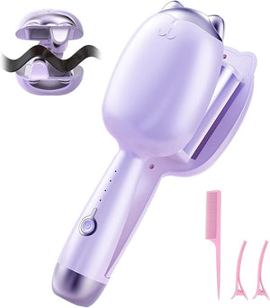 Crimper Hair Tool, Beach Waves Curling Wand,Ionic Hair Waver with 1.26 Inch Double Barrel for Women£¬Easy to Use£¬Four-Speed Adjustment and Automatic Power-Off, Purple