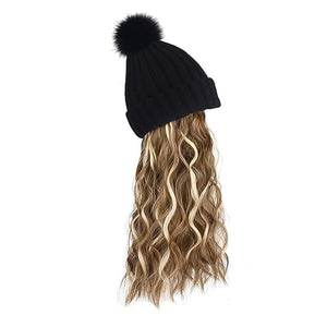 Women Winter Beanie Hat with Wig Big Wavy Curly Hair Extensions Knit ski Snow Cap Attached Party Daily Weddings Wig