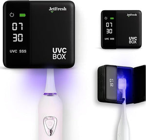 UV Toothbrush Sanitizer Holder &amp; Cleaner with LED Clock Display &amp; Hot Air Drying ? Wall-Mounted UV Tooth Brush Holder for Bathroom Decor, Travel Use, Rechargeable Portable Design, Fits All Bru
