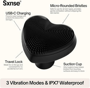Heart Face Clean Pro? Electric Facial Cleansing Brush - Silicone Facial Scrubber for Acne - IPX7 Waterproof Rechargeable Exfoliator with Slip-Free Grip &amp 3 Speed Settings - Phthalate-Free - Jet