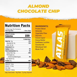 Atlas Bar ? 20g Protein 1g Sugar 0g Seed Oils 0g Artificial Sweeteners (Almond Chocolate Chip 12 Count) (12 Count Almond Chocolate Chip)