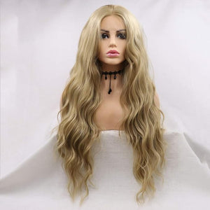 Xiweiya 24# Blonde Loose Wavy Lace Front Wig Middle Part Golden Heat Resistant Fiber Full Wig Natural Looking Glueless Drag Queen Daily Wear for Women 24inch