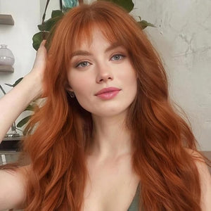 Brown Long Wavy Wigs Real Human Hair with Bangs for Party Daily Use Heat Resistant Breathable Capless Lightweight Tangle Free (Auburn,26 Inch)