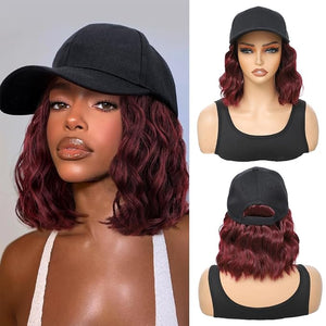 GUOJIAN Hat Wigs for Women 6' Short Wave Baseball Cap Wigs with Curly Hair Extensions Synthetic Wave Wig Adjustable Hat with Hair Attached for Daily Use (99J 6inch)