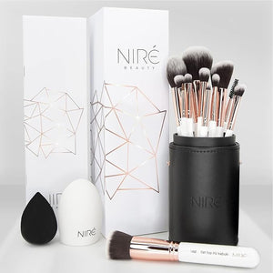 Nir? Beauty White 15piece Award Winning Professional Makeup Brush Set: Vegan Makeup Brushes with Case Makeup Sponge Cleaner Guide Gift Box
