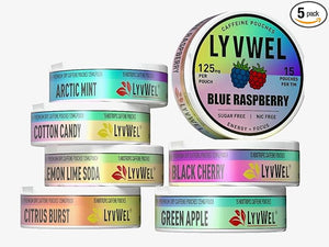 LyvWel 125mg Caffeine Energy Pouches ? Clean Energy with Guarana for Focus &amp; Stamina ? 5-Pack (75 Total Pouches) (7 Pack, All Flavors)