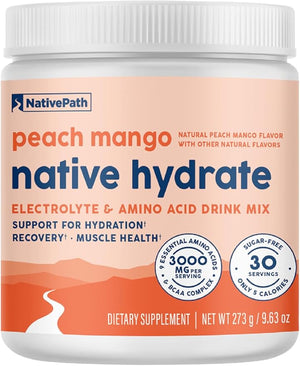 NativePath Native Hydrate Zero Sugar Electrolytes Powder with BCAAs Peach Mango Hydration Keto &amp Paleo Friendly 30 Servings