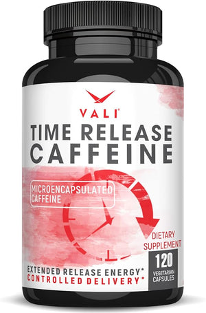 VALI Time Release Caffeine 100mg Capsules- Smart Slow Release for Extended Energy &amp Focus. Advanced Nootropic Supplement. Brain Booster Active Performance Alertness &amp Clarity. 120 Veggie Caps