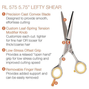 Cricket Centrix Roc-It Dog RL 575 5.75¡± Lefty Professional Stylist Barber Hair Cutting Shear Precision Cast Convex Blade Scissor Offset Grip, Left Handed