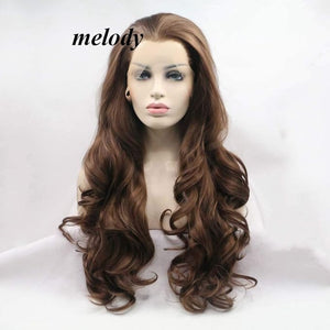 Melody Brown Wigs Long Wavy Wigs Synthetic Brown Lace Front Wigs Heat Resistant Fiber Hair Wig Natural Hairline Wig 6#Color Brown Color 24