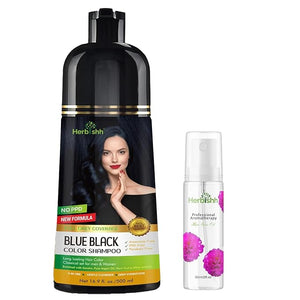 Herbishh Blue Black Hair Color Shampoo - 3-In-1 Magic Dye for Gray Hair 500 Ml + Essential Flower Hair Oil - Organic Formula for Dry Damaged Hair 60 ML