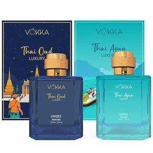 VO..KKA Thai Oud and Thai Aqua Luxury Unisex Perfume Set, 100ml Each, Navy Blue and Turquoise Glass Bottles 2 x 100ml
