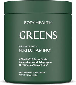 BodyHealth Greens Enhanced with PerfectAmino - Daily Superfood Green Apple Smoothie Powder with Vegetables Fruit Antioxidants Prebiotics Probiotics Fiber and Protein - 40 Servings