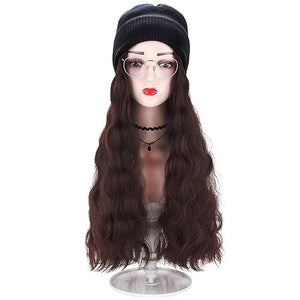 Women Winter Beanie Hat Wig Knit with Long Straight/Wig Wavy Curly Hair Wig Attached 23.6 Inch Synthetic Hairpiece