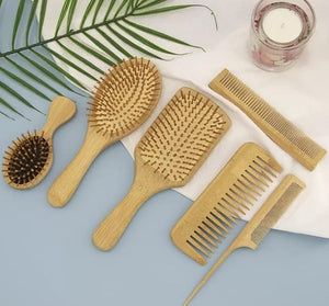 6 in 1 Wooden Natural Bamboo Detangling Hair Brush and Comb Set by BeaverStrong (Natural Wood)
