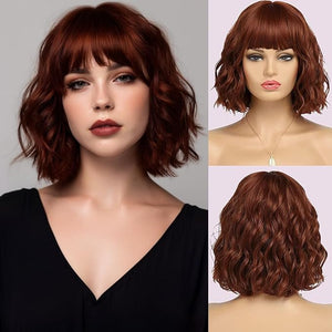 Short Auburn Wigs for Women Dark Ginger Wig with Bangs Wigs Natural Looking Curly Hair Medium Length Synthetic Bob Wig Wavy Colorful Wigs£¨14 Inches£©