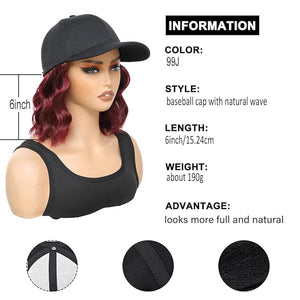 GUOJIAN Hat Wigs for Women 6' Short Wave Baseball Cap Wigs with Curly Hair Extensions Synthetic Wave Wig Adjustable Hat with Hair Attached for Daily Use (99J 6inch)