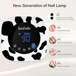 Lavinda LED Nail Lamp UV Light for Gel Nails Cordless Rechargeable UV Lamps Nail Light with 4 Timer 2X Faster Professional Gel Polish Curing Nail Dryer for Salon Use-Cow Print