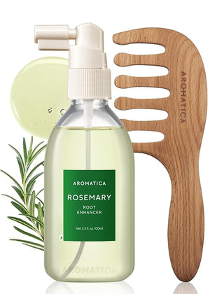 AROMATICA Rosemary Root Enhancer &amp Wooden Scalp Massager Set - Hair Scalp Massager with Rosemary Water Scalp Serum for Hair Growth Hair Care for Women Dry Treatment Set Christmas Gift for hair