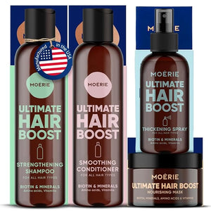 Moerie Shampoo and Conditioner Plus Hair Mask and Spray Mega Pack ? The Ultimate Growth Care ? For Longer Thicker Fuller Hair - Volumizing Products ? Paraben &amp Silicone Free - 4 items