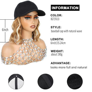 GUOJIAN Hat Wigs for Women 6' Short Wave Baseball Cap Wigs with Curly Hair Extensions Synthetic Wave Wig Adjustable Hat with Hair Attached for Daily Use (B27/613 6inch)
