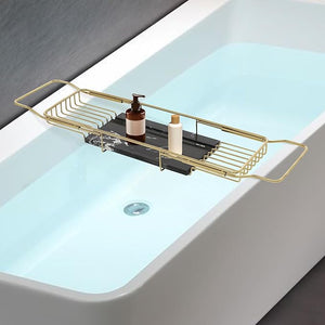 Bathtub Tray Caddy for Luxury Bath, Stainless Steel 26.8-35.4 in Expandable Extra Wide Bath Tub Tray with Natural Marble and Mobile/Tablet Stand, Ideal for Home Spa Lovers (Gold + Black)