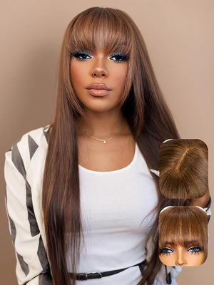 YIROO Yaki Straight Human Hair Wig with Bangs Chocotlate Brown Layer Cut Glueless Wigs for Women HD Transparent 4x2 Lace Closure Dark Brown Hair None Lace No Glue Full Machine Made 180% Density 24Inch