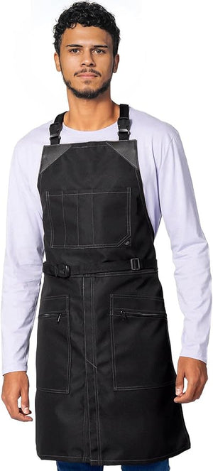 Under NY Sky Cross-Back Barber Black Apron ? Heavy-Duty Nylon Water and Chemical Resistant Zipped Pockets No-Tie Split-Leg ? Adjustable for Men Women ? Pro Hair Stylist Salon Colorist Artist