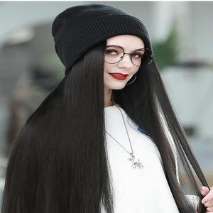 Women Winter Beanie Hat Wig Knit with Long Straight/Wig Wavy Curly Hair Wig Attached 23.6 Inch Synthetic Hairpiece