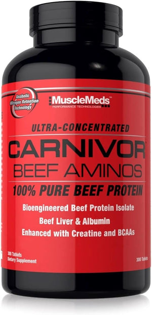 MuscleMeds Carnivor Beef Aminos Beef Protein Isolate Beef Liver Beef Albumin Creatine BCAAs for Recovery and Muscle Growth 300 Tablets