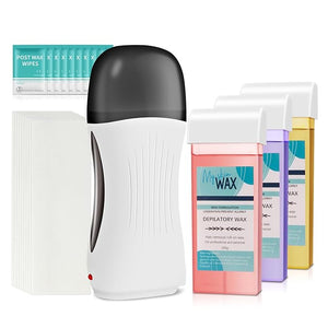 Roll On Wax Kit, Portable Wax Roller Kit for Hair Removal, Beginners Waxing Kit Soft Heater for All Skin Types with 3 Pcs 100g Roll on Cartridge, 100 Non-Woven Strips &amp; 10 After Oil Wipes (F8_Whit