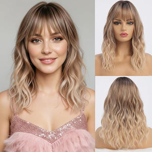 Wavy Long Ombre Blonde Wigs with Bangs for Women Medium Middle Length Blond Wig Synthetic with Water Wave Fringe Womens Heat Resistant Hair Wig for Daily Party Use (16inch)